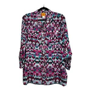 Ruby Rd Petite Abstract Print‎ Button Front Tunic Shirt Women 14P